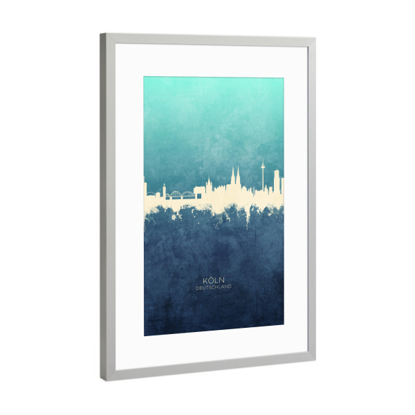 Poster mit Rahmen Silber "Cologne Germany Skyline NavyCyan" artboxONE - Städte,Städte / Köln