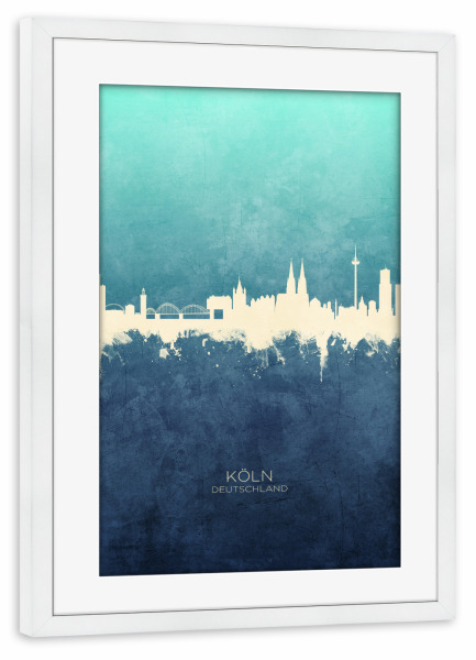 Poster mit Rahmen weiß "Cologne Germany Skyline NavyCyan" artboxONE - Städte,Städte / Köln