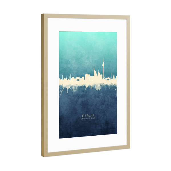 Poster mit Rahmen Gold "Berlin Germany Skyline NavyCyan" artboxONE - Städte,Städte / Berlin