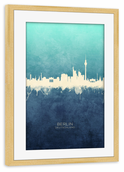 Poster mit Rahmen kiefer "Berlin Germany Skyline NavyCyan" artboxONE - Städte,Städte / Berlin