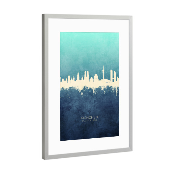 Poster mit Rahmen Silber "Munich Germany Skyline NavyCyan" artboxONE - Städte,Städte / München