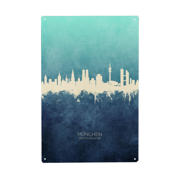 Metall Poster "Munich Germany Skyline NavyCyan" artboxONE - Städte,Städte / München