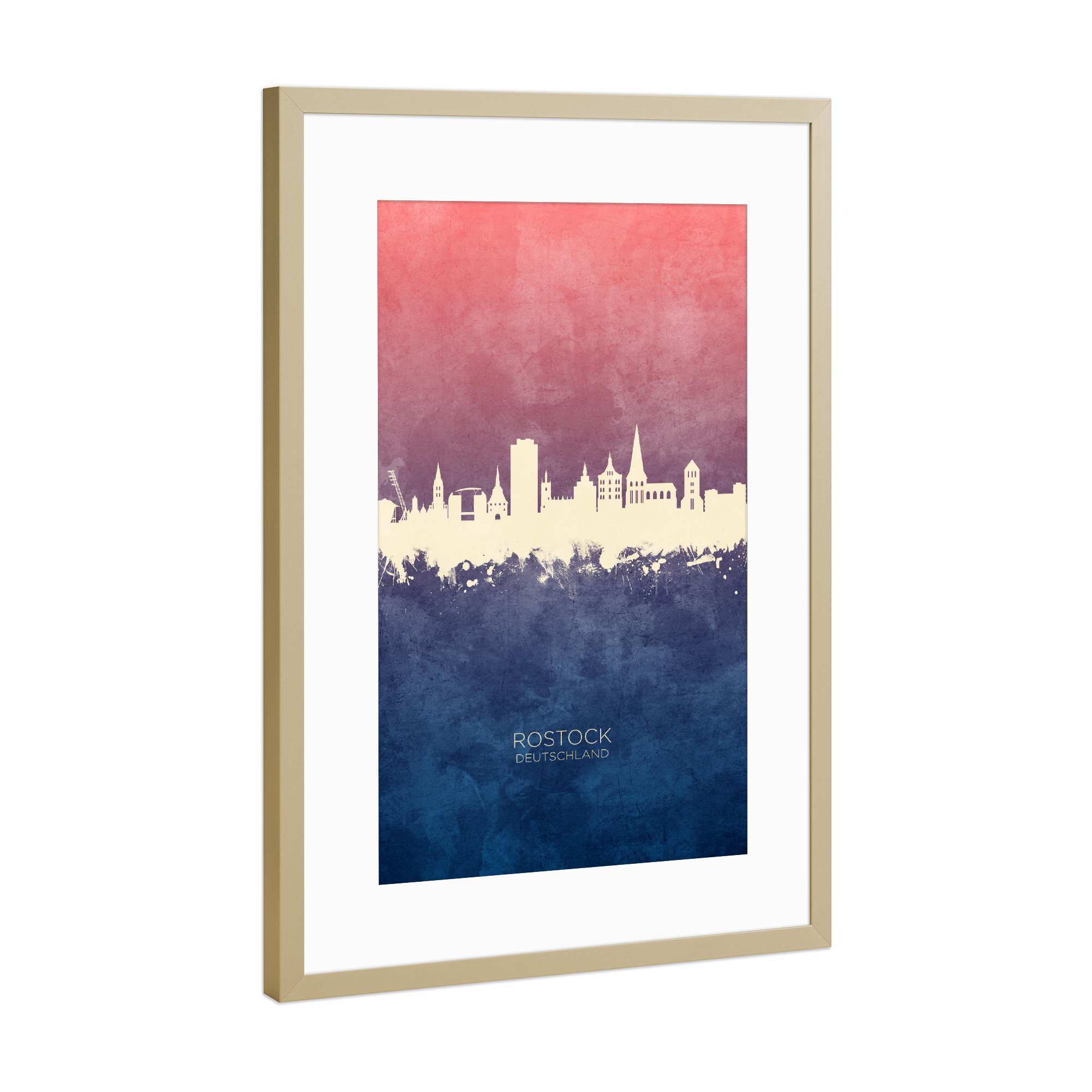 Poster mit Rahmen Gold "Rostock Germany Skyline BlueRose" artboxONE - Städte