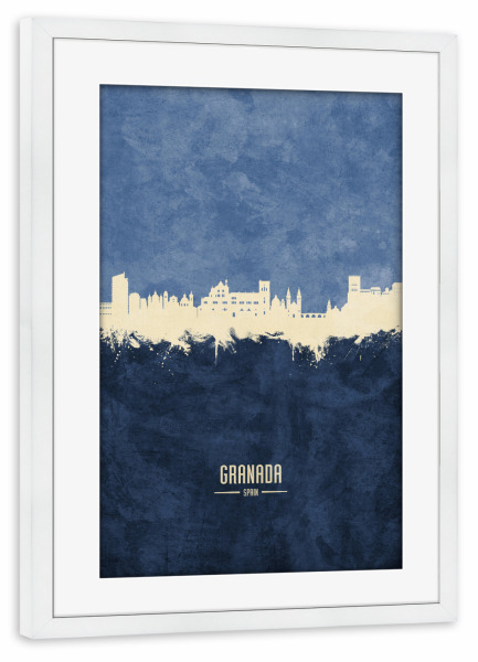 Poster mit Rahmen weiß "Granada Spain Skyline Navy" artboxONE - Städte - Granada,Spain,Skyline,Cityscape,Stadtbild,Watercolor,Spanien,City,Stadt