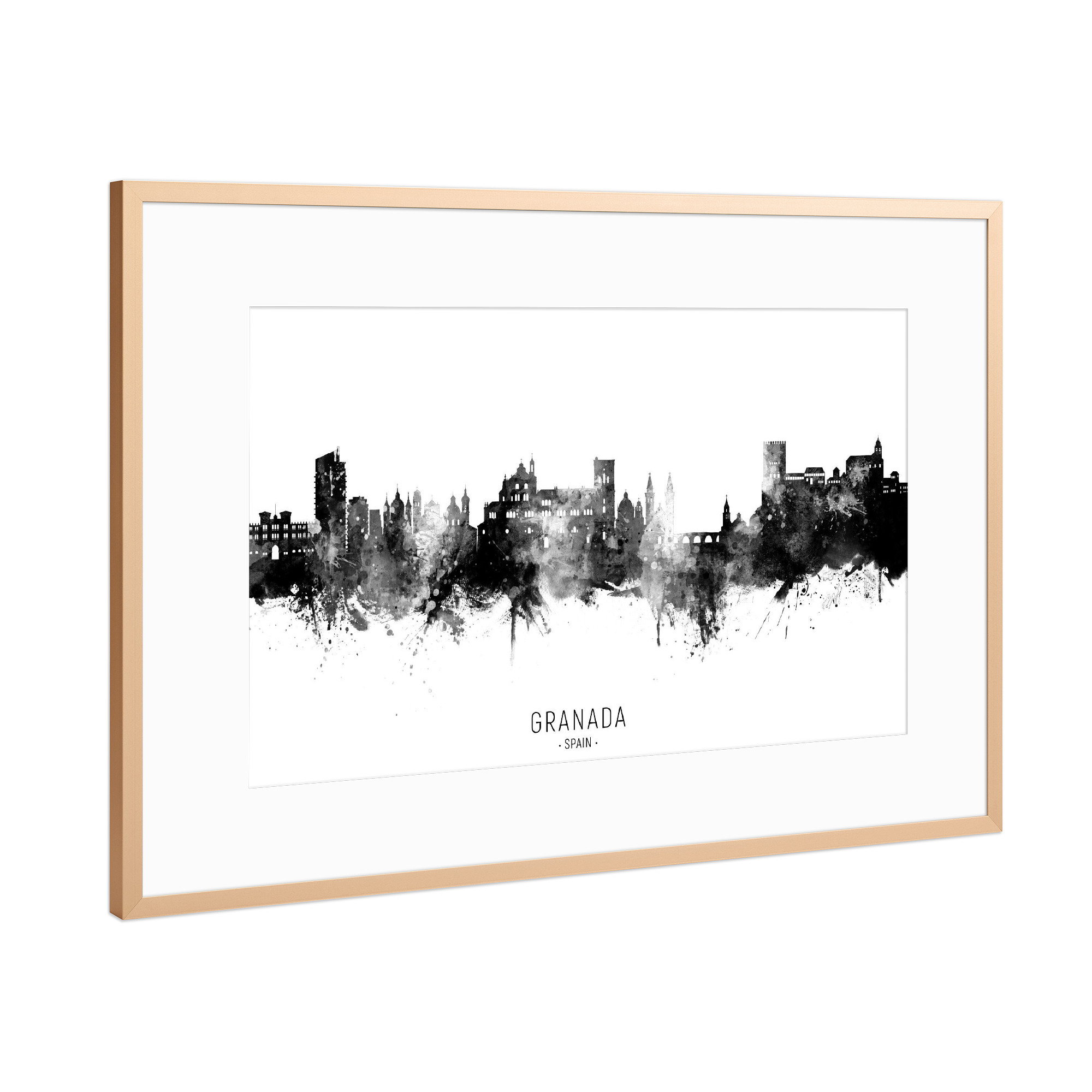 Poster mit Rahmen Kupfer "Granada Spain Skyline BW Text" artboxONE - Städte,Schwarzweiß