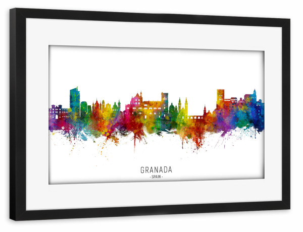 Poster mit Rahmen schwarz "Granada Spain Skyline txt" artboxONE - Städte