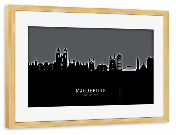 Poster mit Rahmen kiefer "Magdeburg Skyline Glow White" artboxONE - Städte