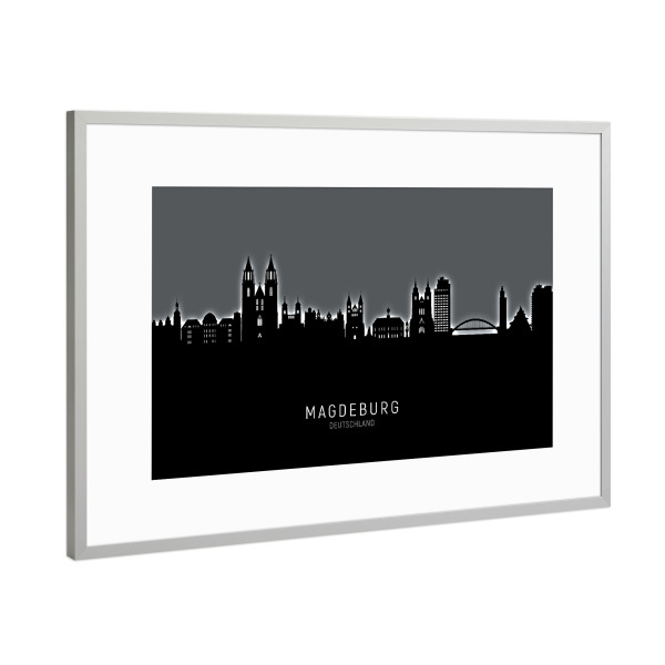 Poster mit Rahmen Silber "Magdeburg Skyline Glow White" artboxONE - Städte