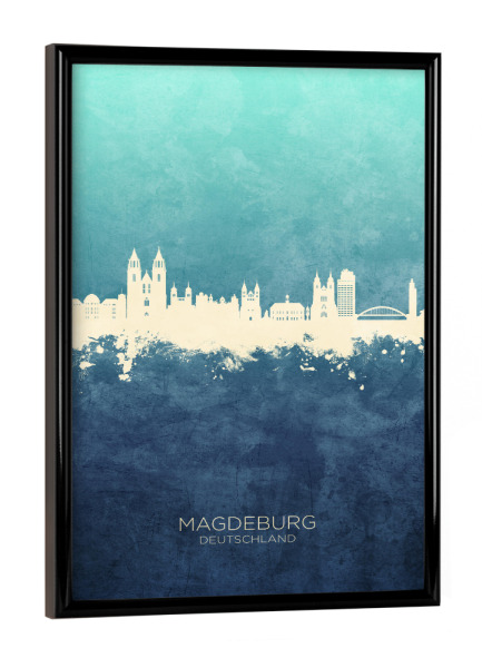 Poster mit schwarzem Rahmen "Magdeburg Germany Skyline NavyCyan" artboxONE - Städte