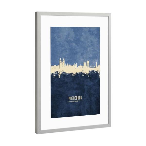 Poster mit Rahmen Silber "Magdeburg Germany Skyline Navy" artboxONE - Städte