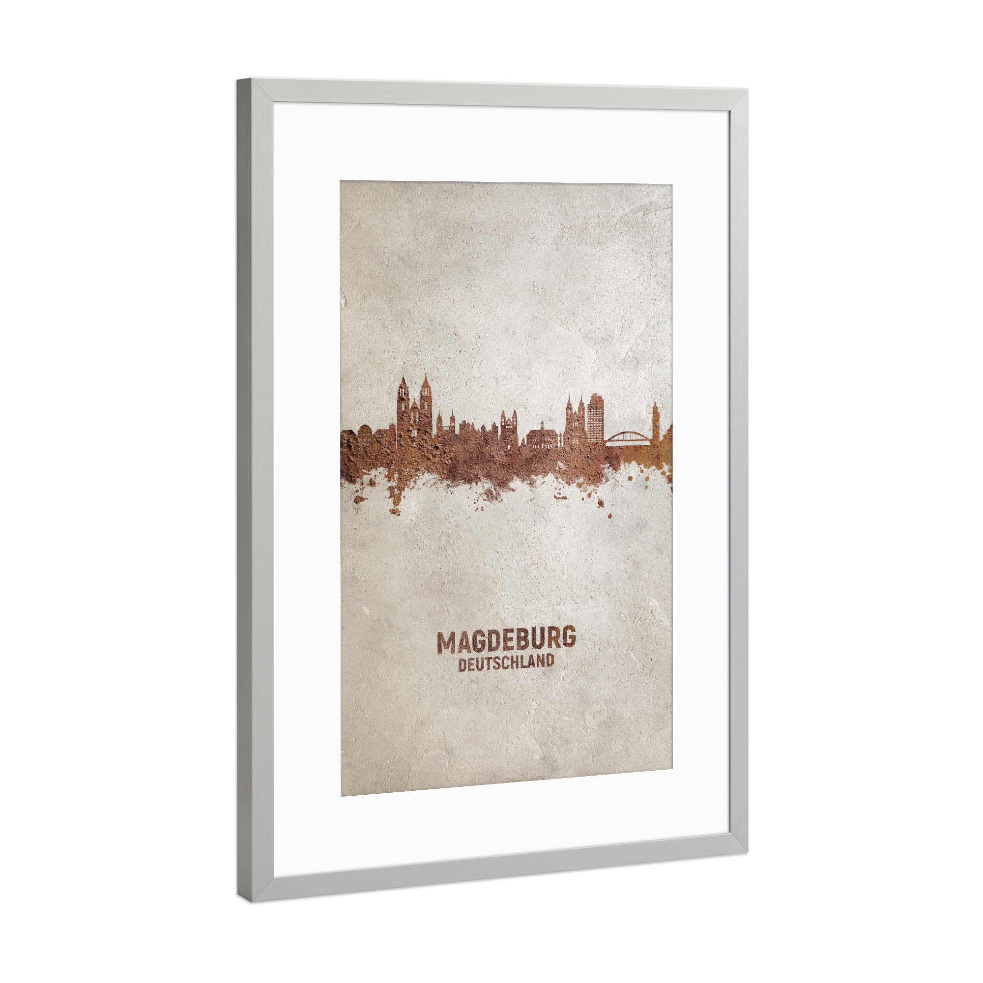 Poster mit Rahmen Silber "Magdeburg Germany Skyline Rust" artboxONE - Städte