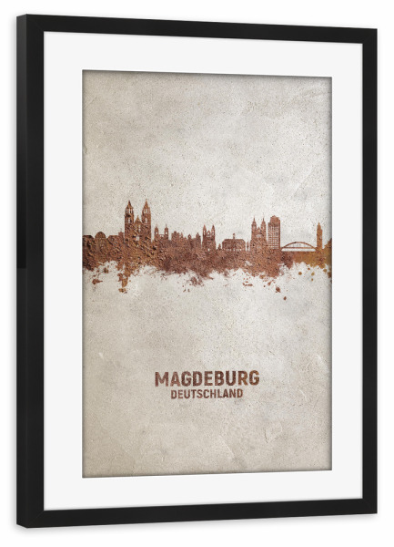 Poster mit Rahmen schwarz "Magdeburg Germany Skyline Rust" artboxONE - Städte
