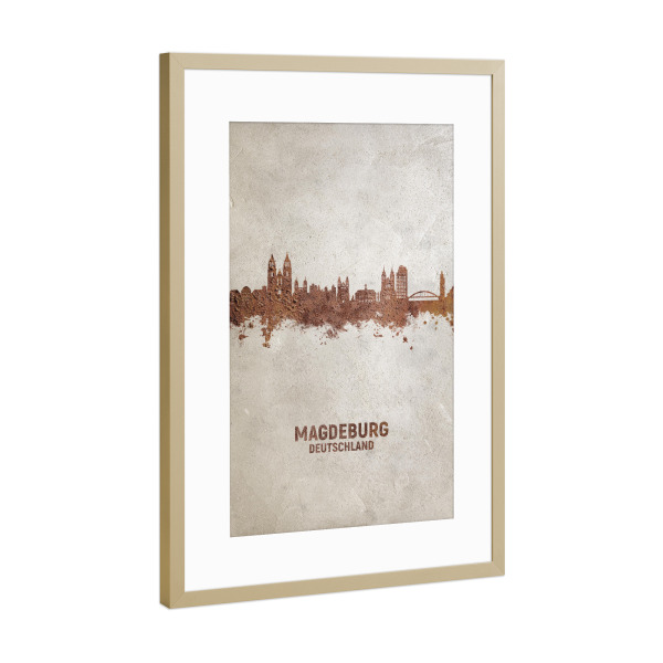 Poster mit Rahmen Gold "Magdeburg Germany Skyline Rust" artboxONE - Städte