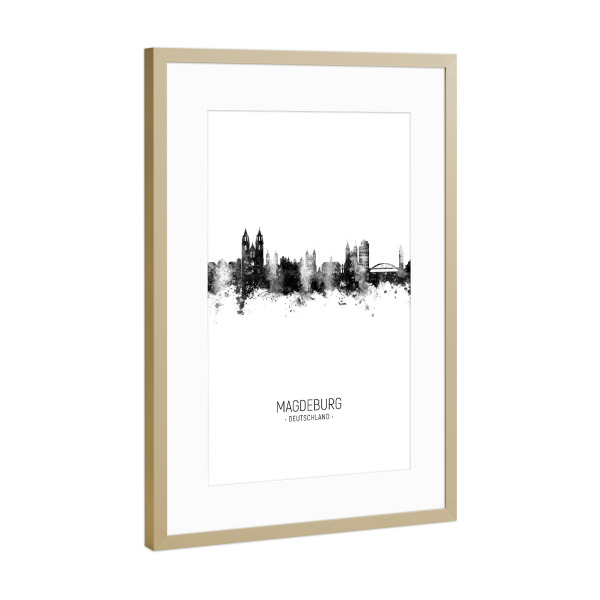 Poster mit Rahmen Gold "Magdeburg Germany Skyline BW" artboxONE - Städte,Schwarzweiß
