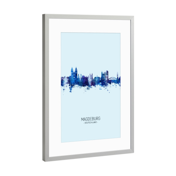 Poster mit Rahmen Silber "Magdeburg Skyline Dark Blue" artboxONE - Städte