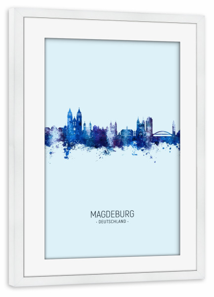 Poster mit Rahmen weiß "Magdeburg Skyline Dark Blue" artboxONE - Städte