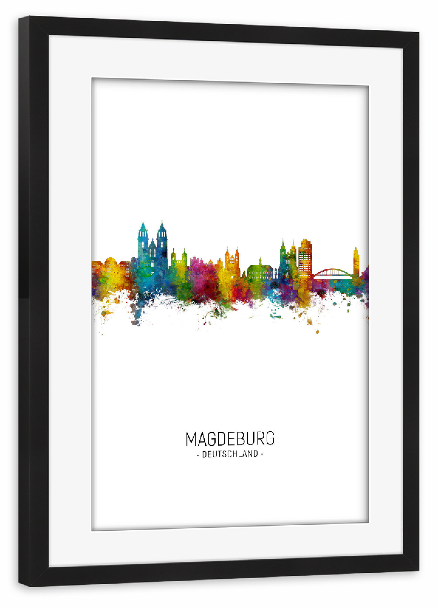 Poster mit Rahmen schwarz "Magdeburg Germany Skyline Portrait" artboxONE - Städte