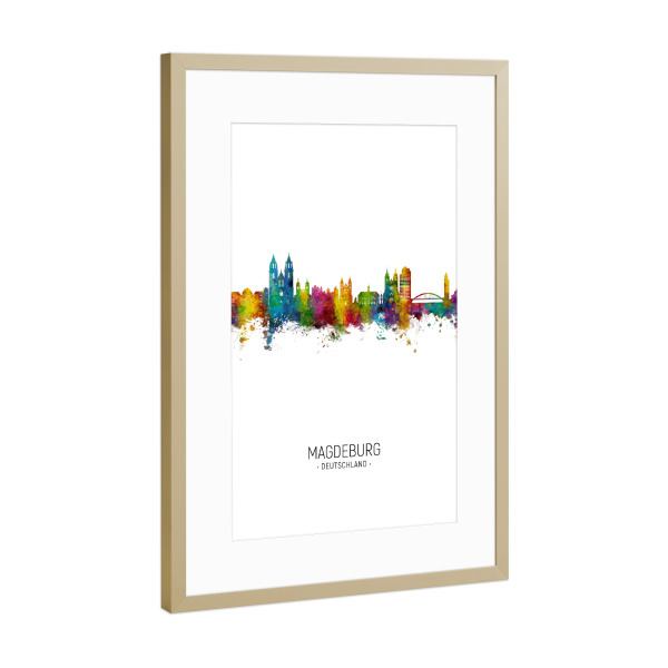 Poster mit Rahmen Gold "Magdeburg Germany Skyline Portrait" artboxONE - Städte