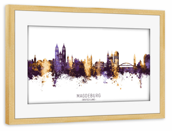 Poster mit Rahmen kiefer "Magdeburg Skyline PurpleGold" artboxONE - Städte