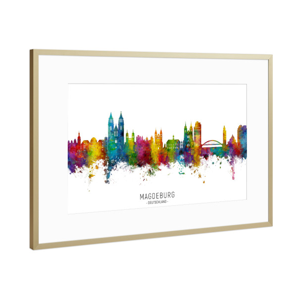 Poster mit Rahmen Gold "Magdeburg Germany Skyline txt" artboxONE - Städte