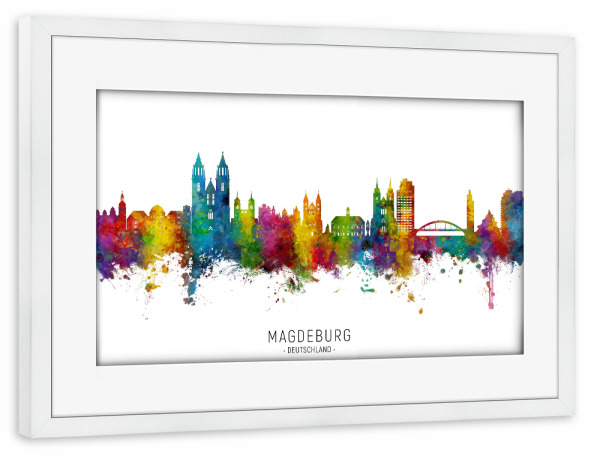 Poster mit Rahmen weiß "Magdeburg Germany Skyline txt" artboxONE - Städte