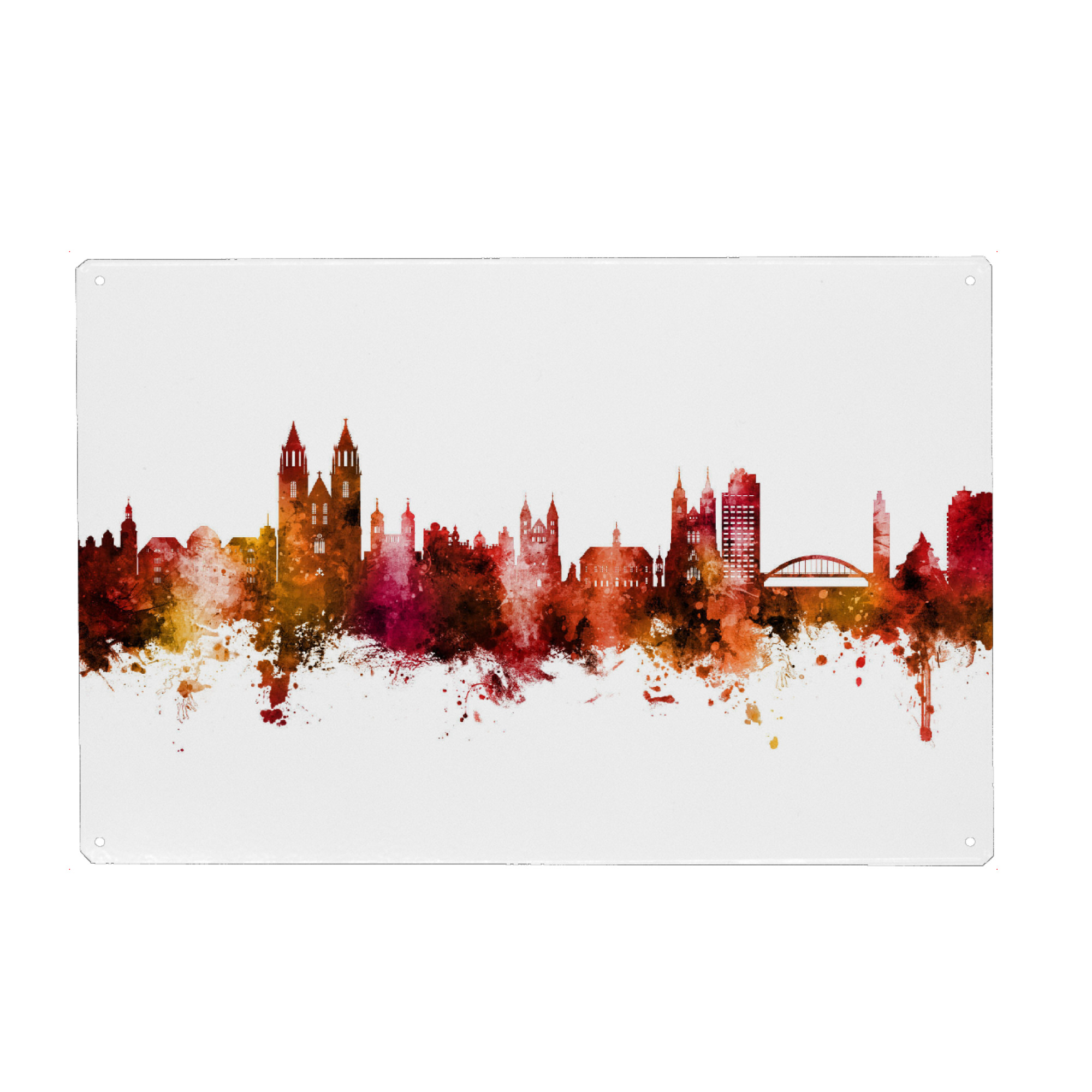 Holzbild "Magdeburg Germany Skyline Red" artboxONE - Städte - Magdeburg,Deutschland,Skyline,Cityscape,Stadtbild,Watercolor,Painting,Germany,City,Stadt