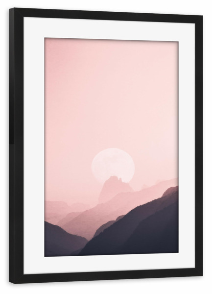Poster mit Rahmen schwarz "Berglandschaft mit Mond" artboxONE - Natur - Berg,Mond,Hell,Struktur,Mountain,Moon,Landscape,Landschaft,Nature,Natur,Pink