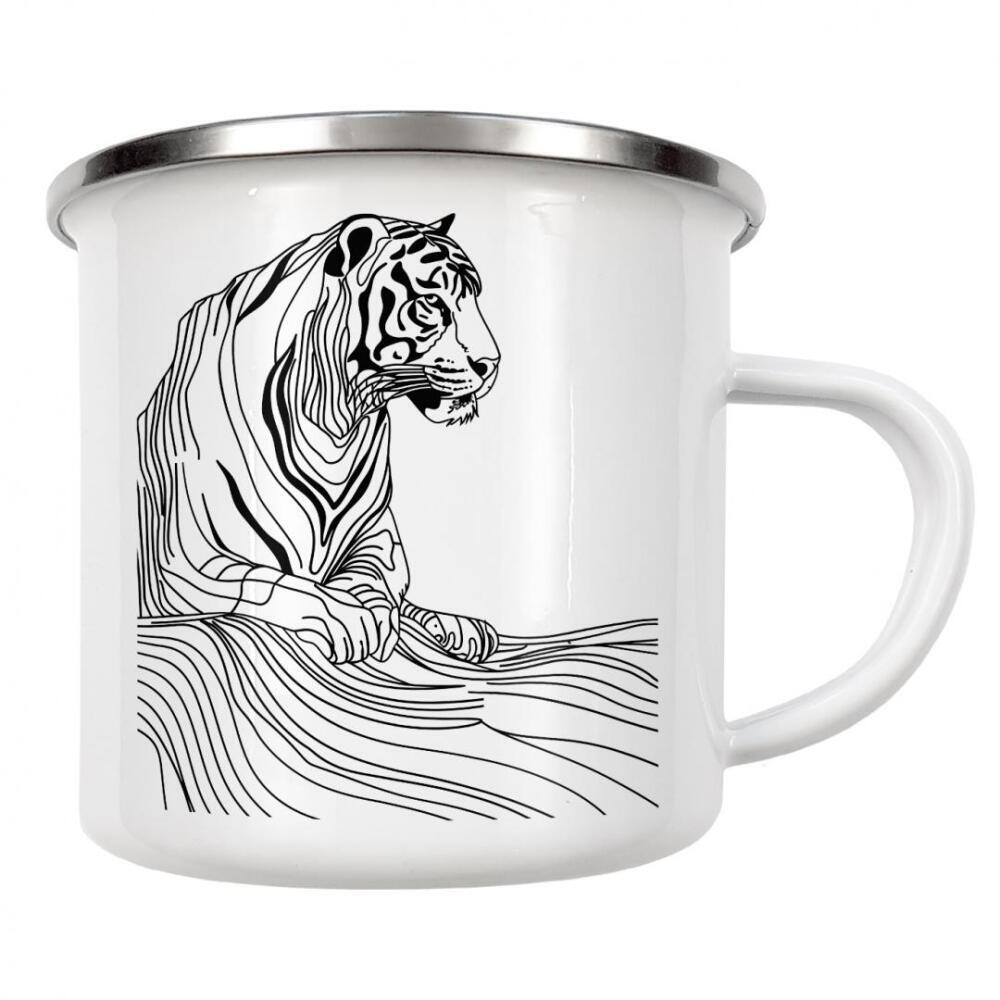 Emaille Tasse "Linien-Kunst-Tiger" artboxONE - Tiere,Schwarzweiß - Tiger,Linien,Strichzeichnungen,Tier,Tiere,Grafik,Schwarz und weiß,Lineart