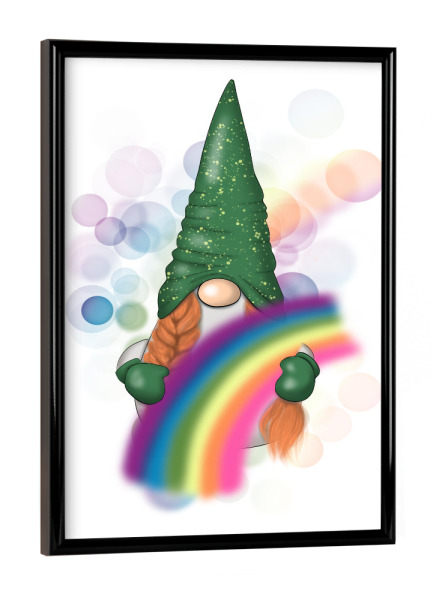 Poster mit schwarzem Rahmen "March Gnome With Rainbow" artboxONE - Für Kinder,Comic,Festivals,Lustig