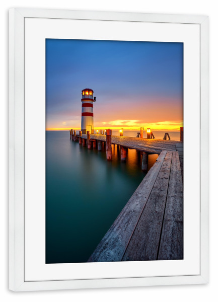 Poster mit Rahmen weiß "Leuchtturm am Neusiedler See" artboxONE - Natur,Reise