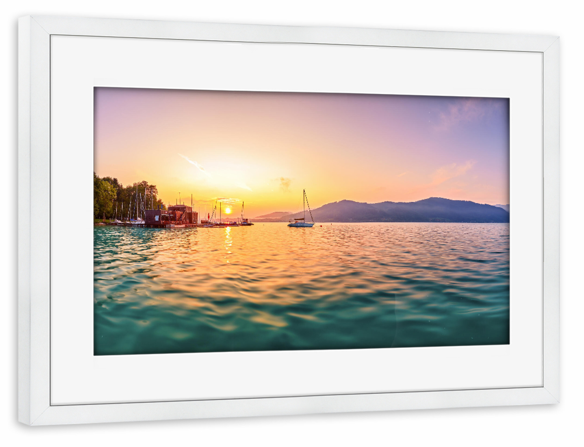 Poster mit Rahmen weiß "Sonnenaufgang am Attersee" artboxONE - Natur,Reise,Reise / Strand und Meer