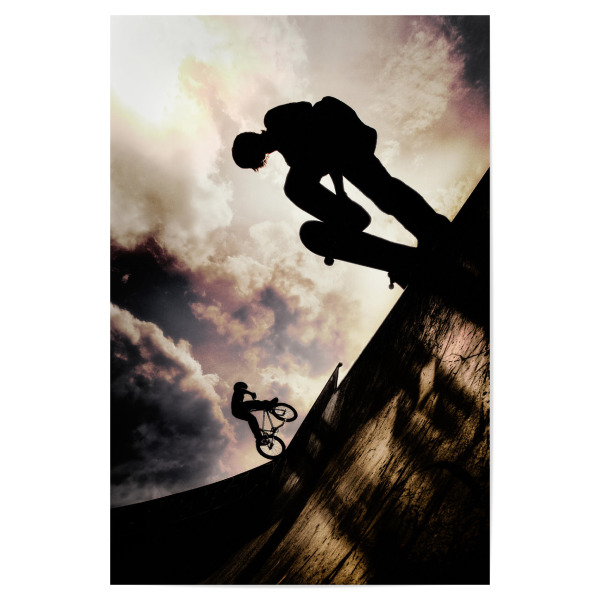 Poster 30x20 cm "Skateopening" artboxONE - Sport - Sport,Skater,Skateboarding,Gegenlicht,Gewitter,Wolken,Scherenschnitt,Skaten,Fahren