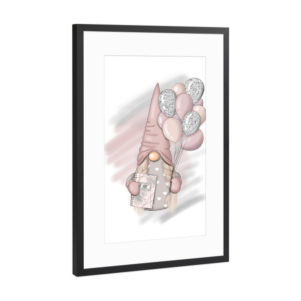 Poster mit Rahmen Schwarz (Metallic) "Gnome With Balloons" artboxONE - Für Kinder,Liebe,Festivals,Lustig