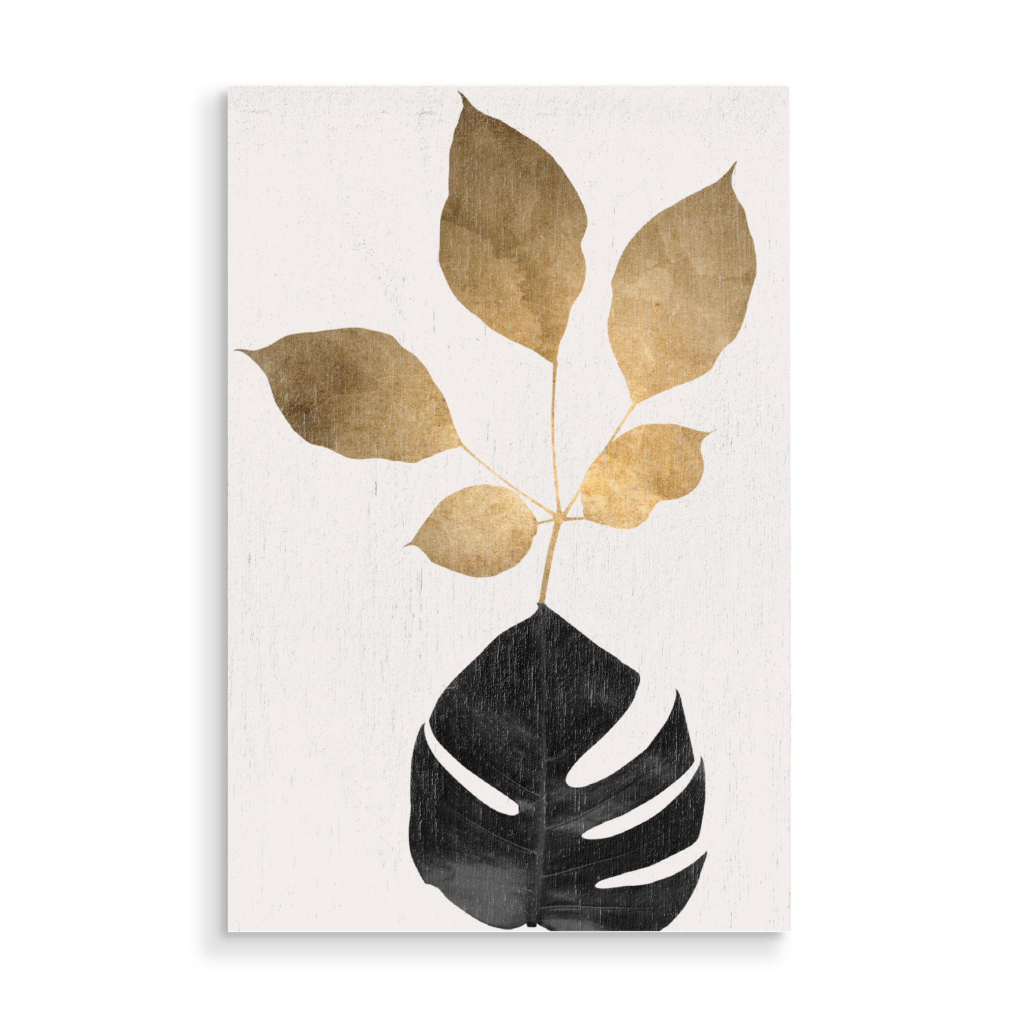 Holzbild "Azurea Gold" artboxONE - Floral,Abstrakt - Floral,Abstract,Plant,Monstera,Black,Gold,Pflanze,Leaf,Blatt,Natur,Nature,Abstrakt