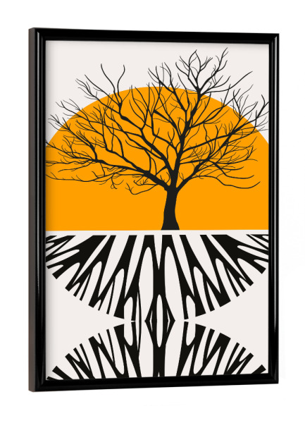 Poster mit schwarzem Rahmen "Warm Roots" artboxONE - Natur,Abstrakt - Tree,Sunset,Abstract,Minimal,Yellow,Baum,Sonnenuntergang,Abstrakt,Nature,Natur