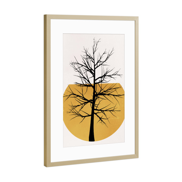 Poster mit Rahmen Gold "In The Wild Desert" artboxONE - Abstrakt - Abstract,Silhouette,Minimal,Abstrakt,Nature,Natur,Tree,Baum,Mond,Moon