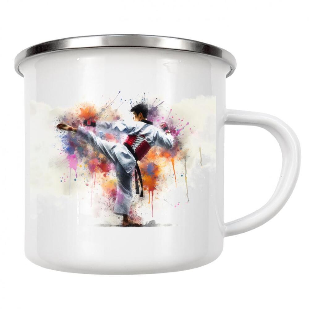 Emaille Tasse "Karate-Kampfkunst in Aquarell" artboxONE - Sport - Illustration,Aquarell,Farbe,Sport,Sport,Sportler,Karate,Kampfkunst,Taekwondo,Kampf