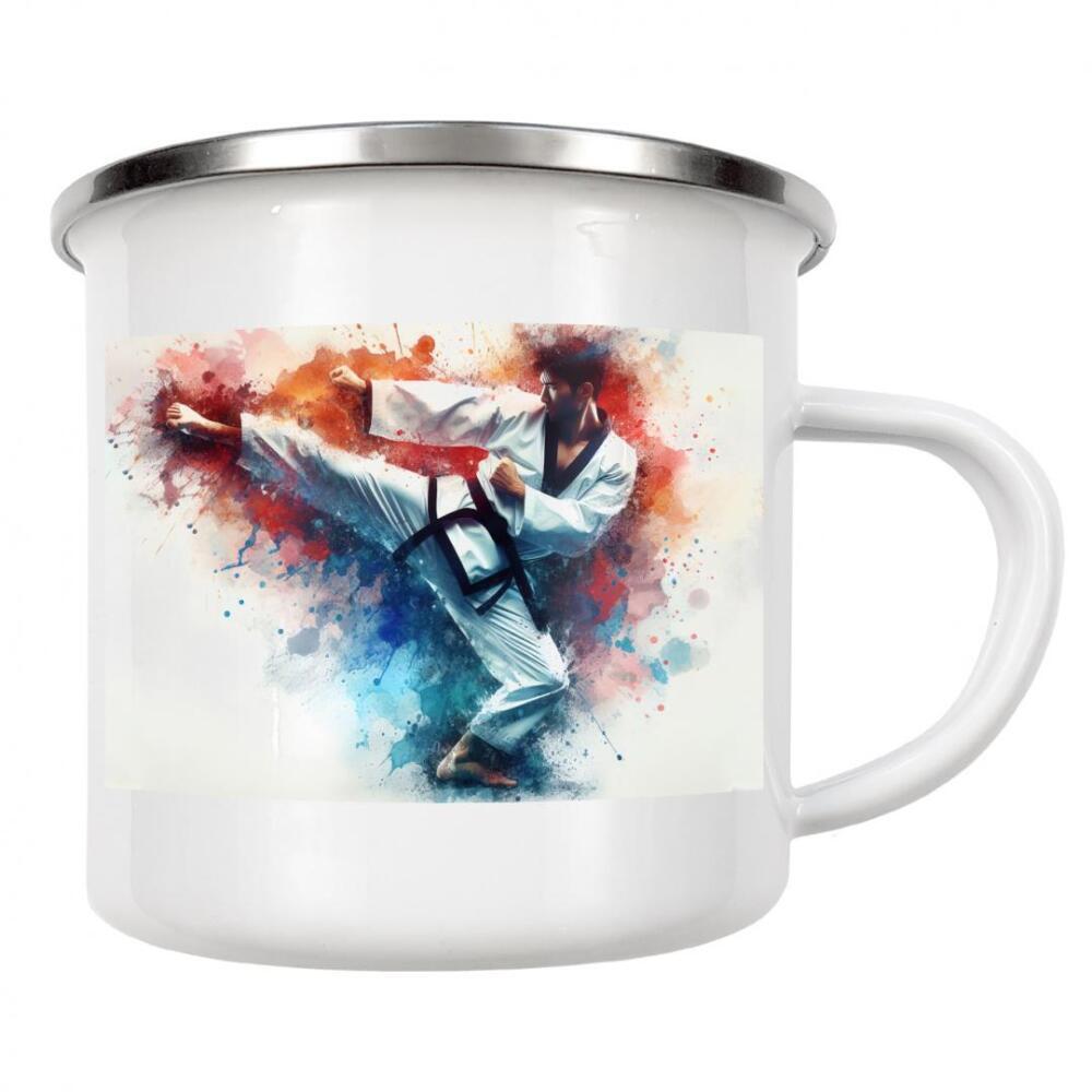 Emaille Tasse "Karate-Kampfkunst in Aquarell D" artboxONE - Sport - Illustration,Aquarell,Farbe,Sport,Sport,Sportler,Karate,Kampfkunst,Taekwondo,Kampf