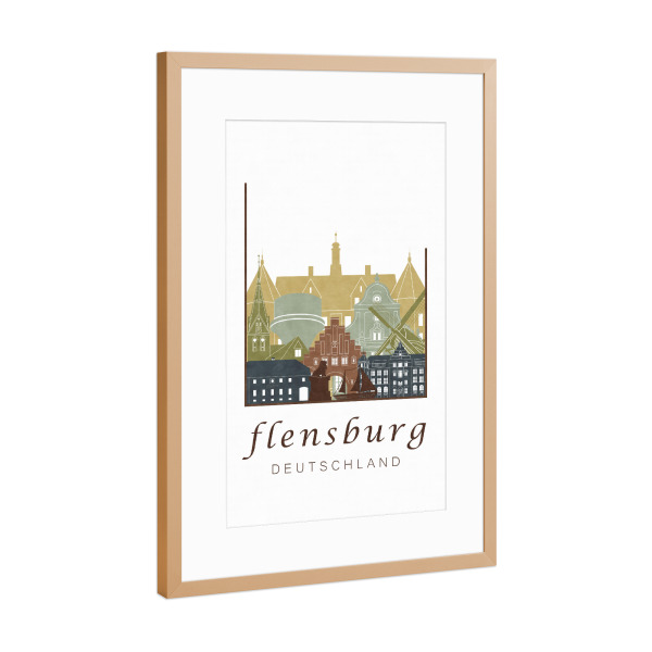 Poster mit Rahmen Kupfer "Flensburg skyline light brown" artboxONE - Städte,Architektur,Kartografie