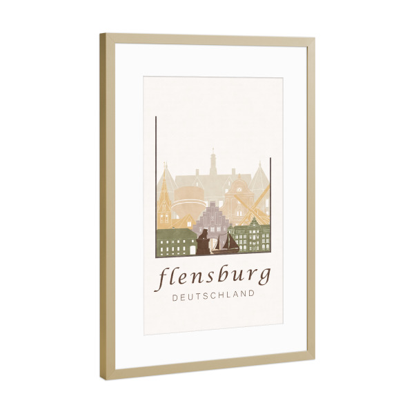 Poster mit Rahmen Gold "Flensburg skyline rustic" artboxONE - Städte,Architektur,Kartografie