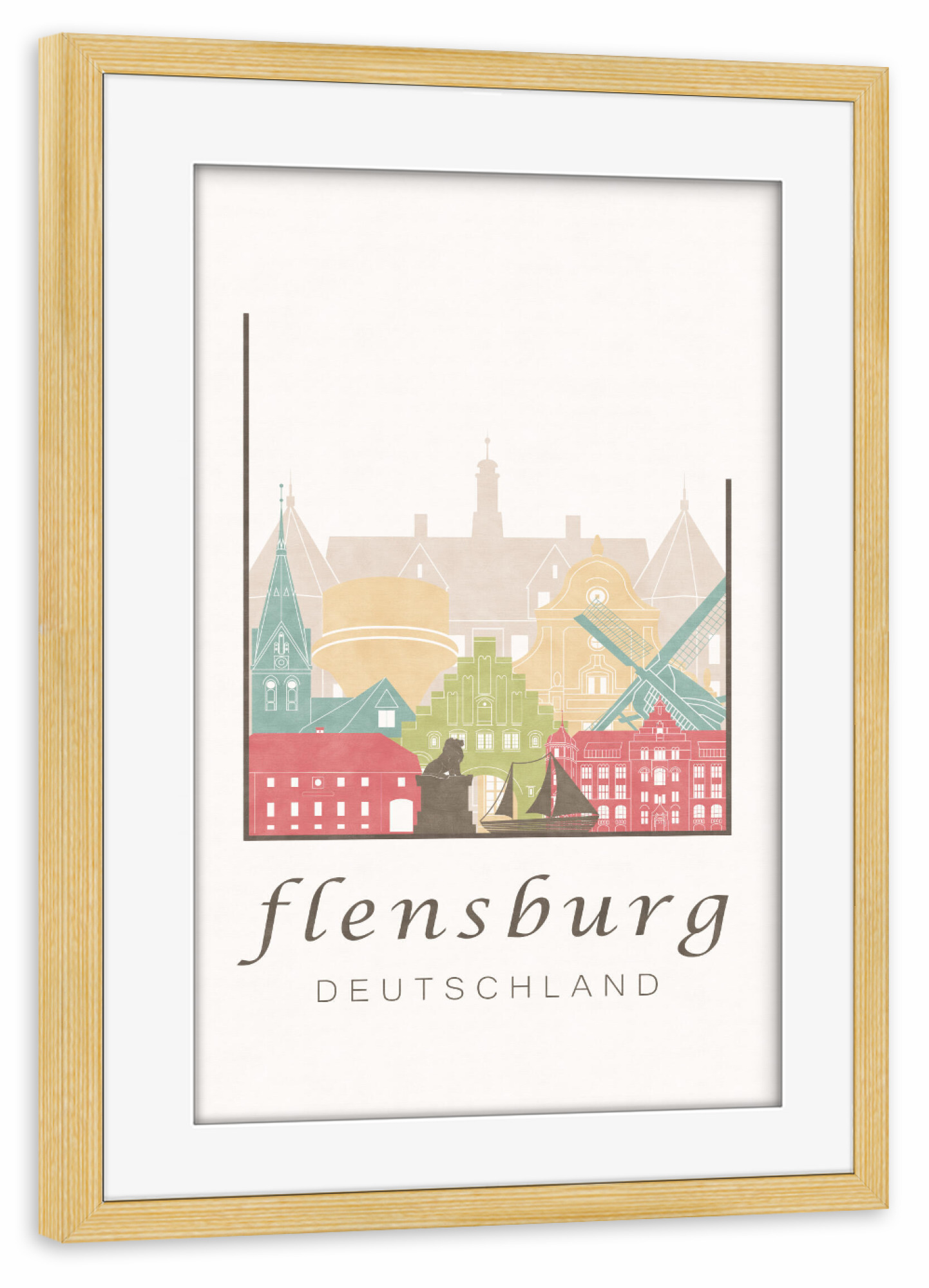 Poster mit Rahmen kiefer "Flensburg skyline pastel" artboxONE - Städte,Architektur,Kartografie