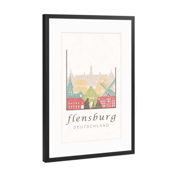 Poster mit Rahmen Schwarz (Metallic) "Flensburg skyline pastel" artboxONE - Städte,Architektur,Kartografie