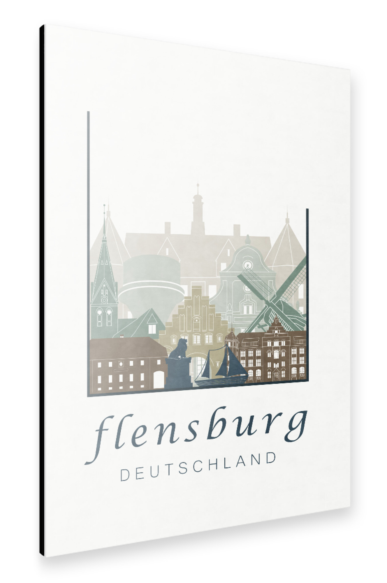 Alu-Dibond "Flensburg skyline, light blue" 30x20 cm artboxONE
