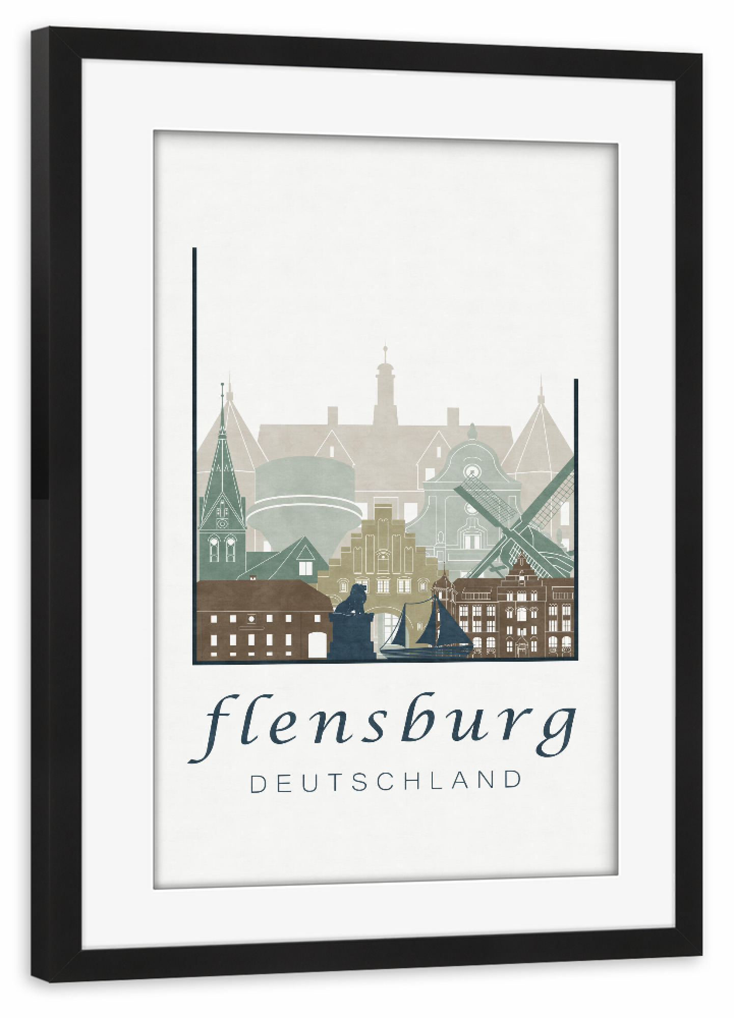 Poster mit Rahmen schwarz "Flensburg skyline, light blue" artboxONE - Städte,Architektur,Kartografie
