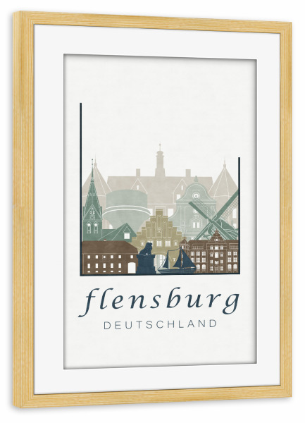 Poster mit Rahmen kiefer "Flensburg skyline, light blue" artboxONE - Städte,Architektur,Kartografie