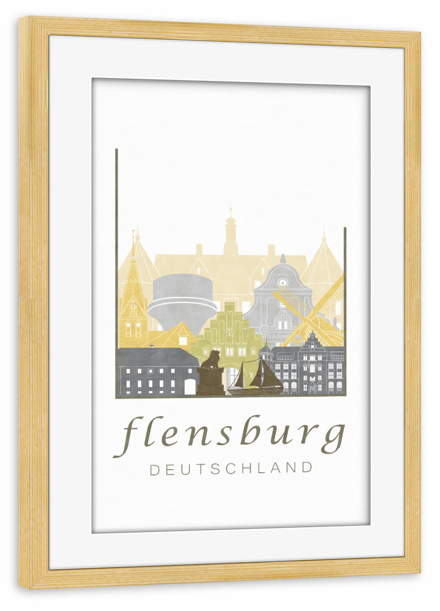 Poster mit Rahmen kiefer "Flensburg skyline desert" artboxONE - Städte,Architektur,Kartografie