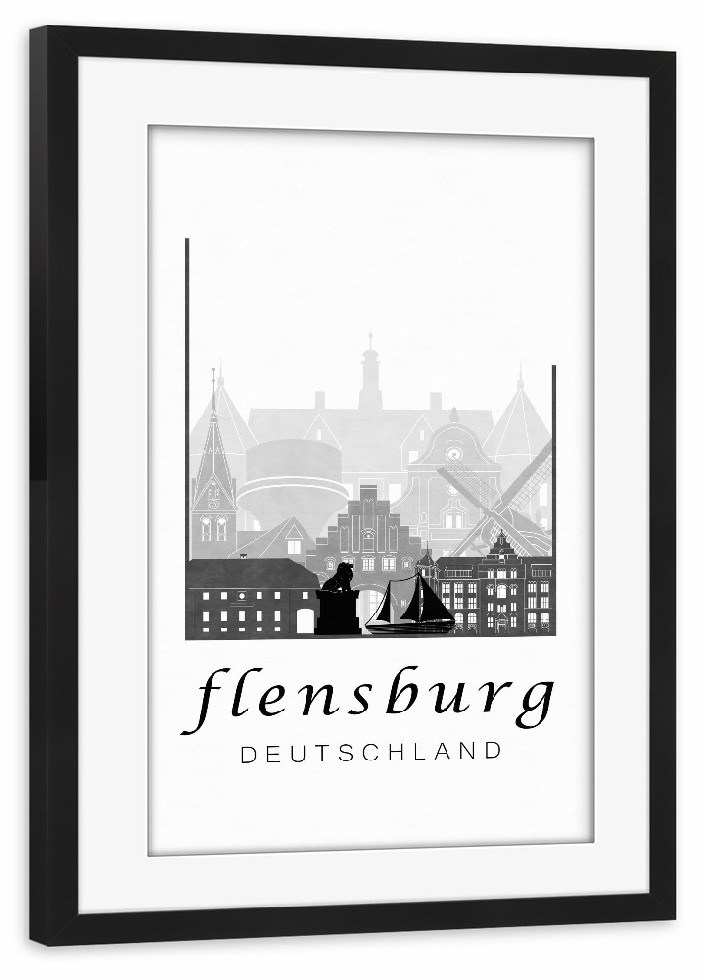 Poster mit Rahmen schwarz "Flensburg skyline black & white" artboxONE - Städte,Schwarzweiß,Architektur,Kartografie