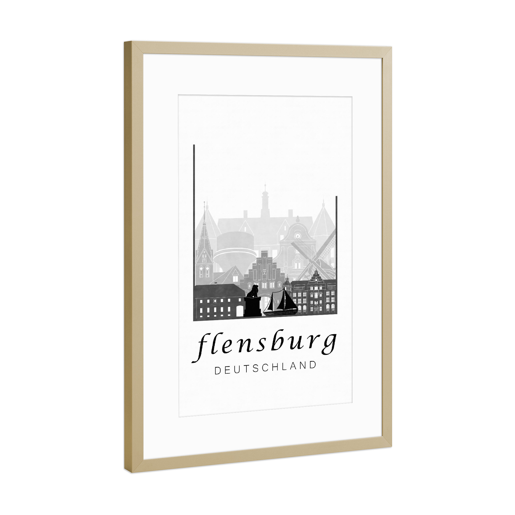 Poster mit Rahmen Gold "Flensburg skyline black & white" artboxONE - Städte,Schwarzweiß,Architektur,Kartografie