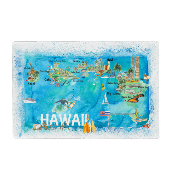 Metall Poster "Hawaii USA Illustrated Map" artboxONE - Städte,Kartografie