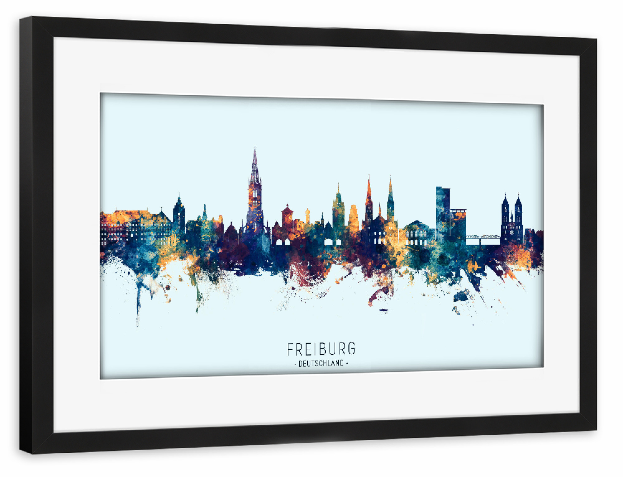 Poster mit Rahmen schwarz "Freiburg Skyline BlueOrange" artboxONE - Städte